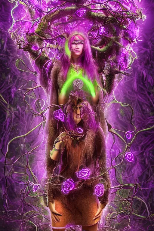 Image similar to female shaman of the purple forest, neon cloak, mycelium, fungi, vines, symmetrical features, illusion, magical realism, ultradetailed, volumetric lighting, 4k UHD, film poster.