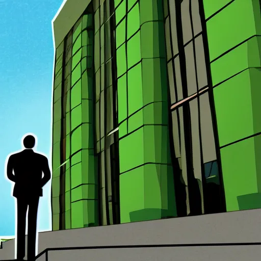 Image similar to a man standing in front of a courthouse, jury duty, bored, anger, bright green sky, digital art, backshot angle
