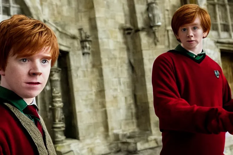 Image similar to film still Freddy Highmore as Ron Weasley wearing hogwarts uniform in Harry Potter movie