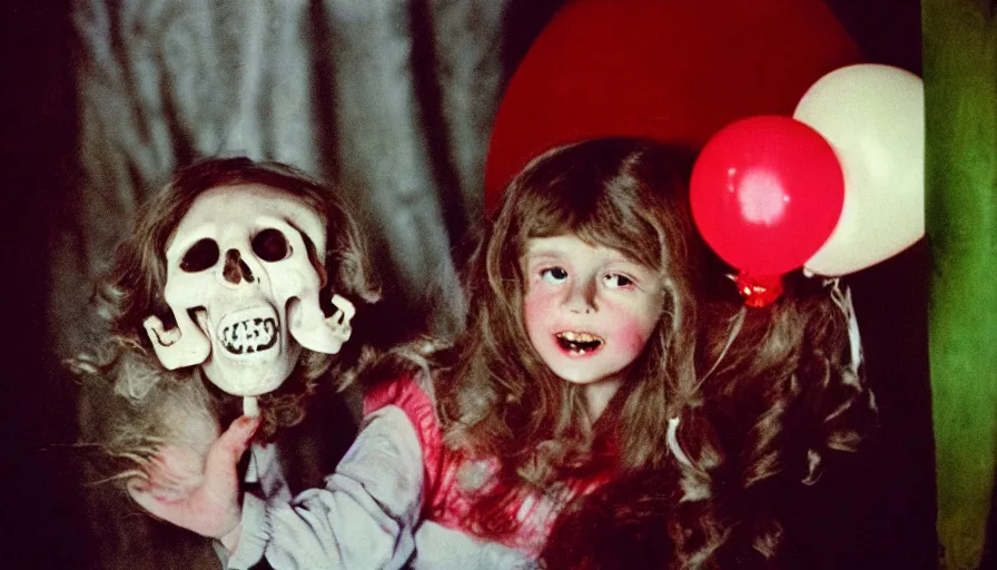 Prompt: 7 0 s film still from a horror movie featuring a child holding a skull and balloon, kodachrome, cinecolor, cinestill, photorealism, cinematic, film grain, film texture, vhs recording