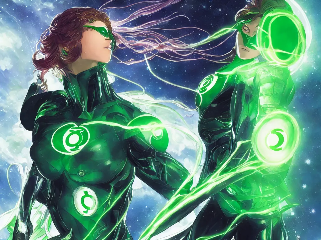 Image similar to anime key visual of one beautiful female green lantern, dc comics, power, hope, glowing, intricate, in space, stunning, highly detailed, digital painting, artstation, smooth, hard focus, illustration, art by artgerm and greg rutkowski and alphonse mucha