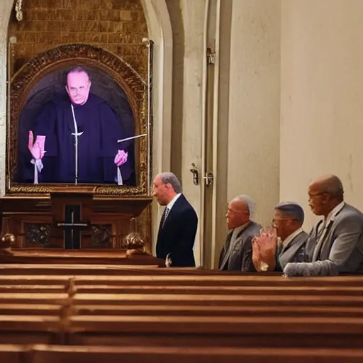 Prompt: jeffery epstein, bill cosby, and kevin spacey dressed up as catholic priests, speaking to a congregation in church, 8 k, realistic.