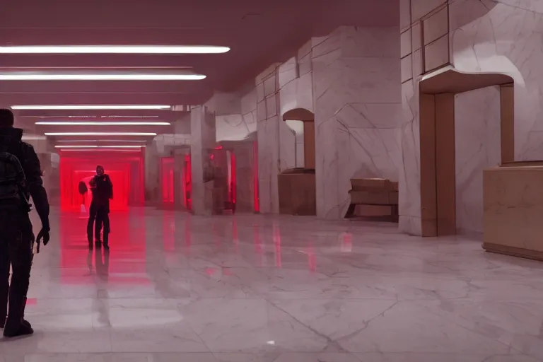 Prompt: Bank interior elegant bank fancy white marble flooring emissive gold glowing, dimly lit volumetric. man wearing red jacket. holding rifle tactical. Cyberpunk 2077 man wearing red jacket. blade runner 2049 (2019) movie still 35mm wide angle lens