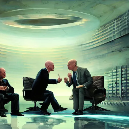 Prompt: illustration of a meeting between elon musk, mark zuckenberg, jeff bezos, very clear face, high quality, very detailled, by artgem, by david rutkowski, greg ruthowski, ruan jia