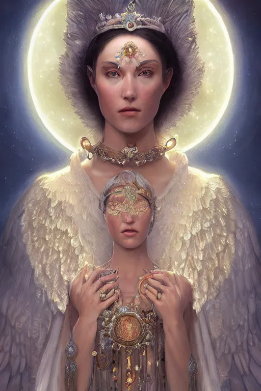 Image similar to A beautiful digital painting of a female Seraphim full of jewels, princess, the moon behind her, intricate, cinematic lighting, highly detailed, digital painting, Artstation, concept art, smooth, sharp focus, illustration, art by Tom Bagshaw, Artgerm and Greg Rutkowski