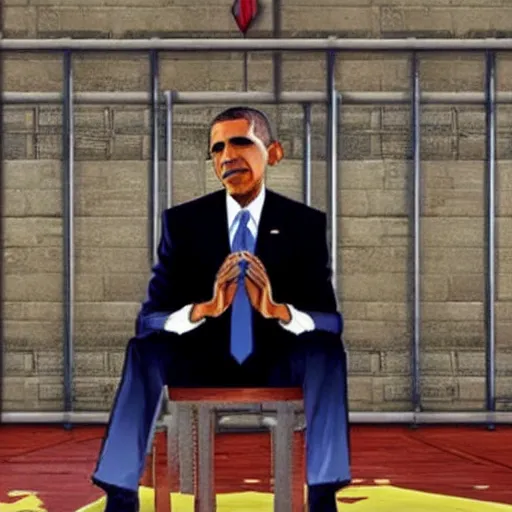 Image similar to obama sitting in a prison cell, in the style of gta loading screens