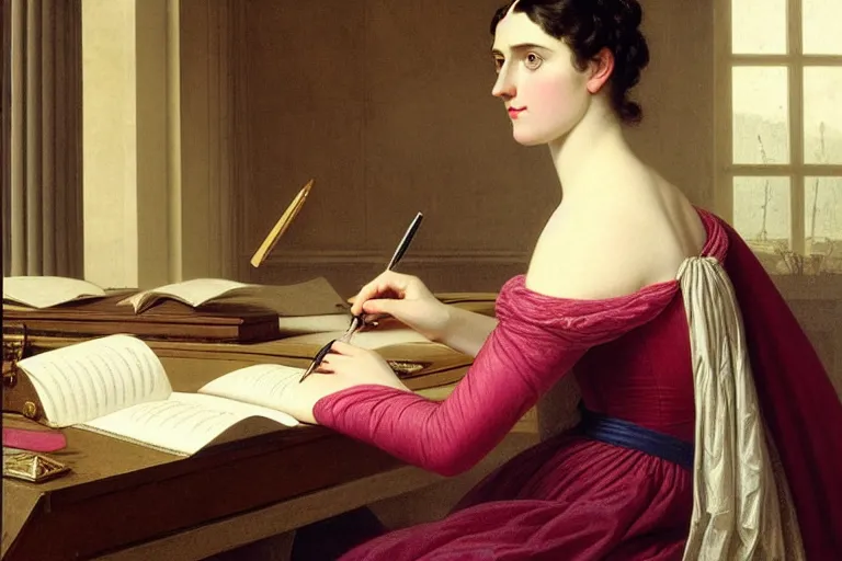 Image similar to 1 8 1 0 s katie mcgrath writing at her desk by vittorio reggianini, bright godray lighting, perfectly detailed eyes, colorful clothes, beautiful hands, pale skin, clear face