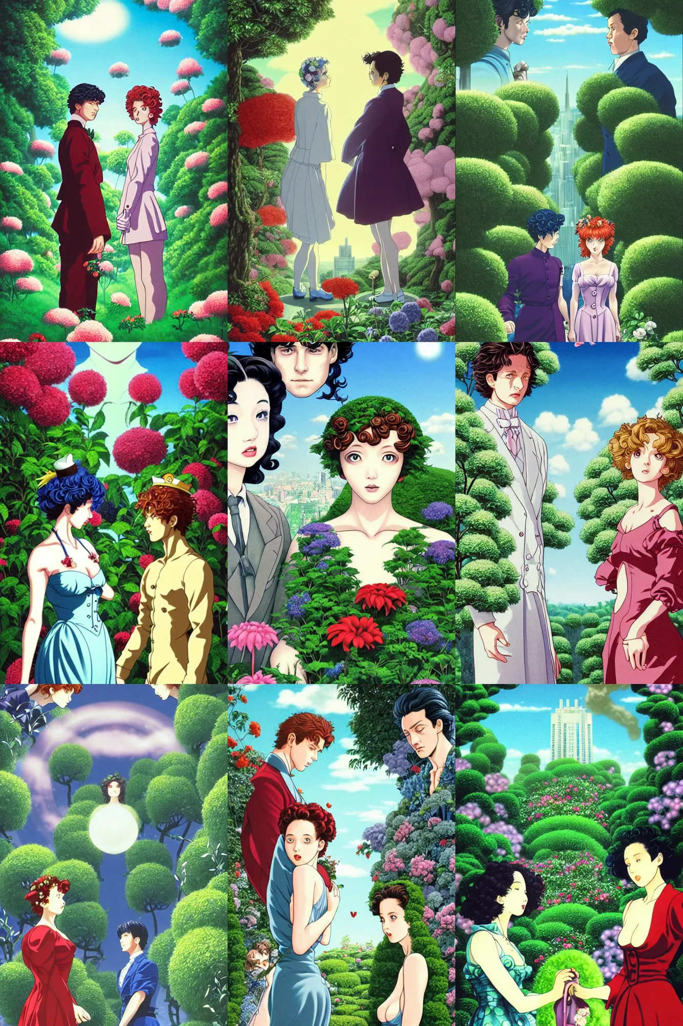 Prompt: atop a skyscraper Madame Gina's private garden - Porco Rosso (1992) solving epic mysteries, secret garden Klaus Movie Twins poster, fine artwork by Chiho Aoshima, a Rendering illustration of a cinematic beautiful closeup moment of three friends standing facing toward their love, perfect face and body, full of details, full body view, Matte painting, trending on artstation, Mamoru hosoda