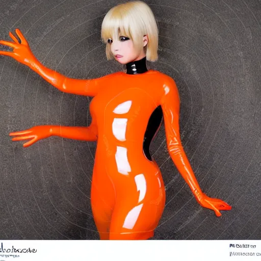 Image similar to Anime big bust beautiful Claud Monet proportions girl in orange latex dress and orange latex gloves holding wonderful grotesque raven feather in her hand