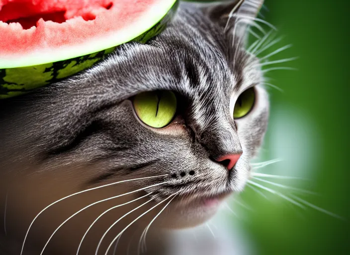 Image similar to photo of a cat wearing a helmet made of a watermelon. fantasy horror style. highly detailed 8 k. intricate. lifelike. soft light. nikon d 8 5 0 5 5 mm. dof. cinematic post - processing.