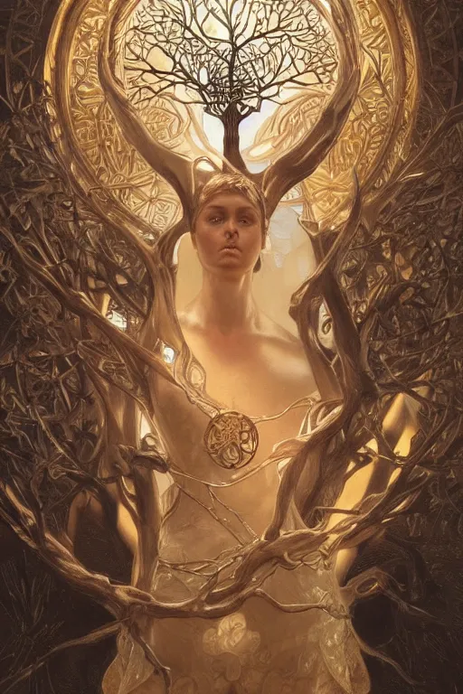 Image similar to ultra realistic illustration, a statue of the tree of life, intricate, elegant, highly detailed, digital painting, artstation, concept art, smooth, sharp focus, illustration, art by artgerm and greg rutkowski and alphonse mucha