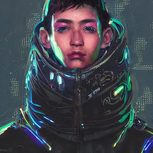 Image similar to detailed portrait of a skilled magic deepdream guardian boy cyberpunk futuristic, reflective puffer jacket, black leggings from the back radiating a glowing aura by ismail inceoglu dragan bibin hans thoma, perfect face, fine details, realistic shaded, fine - face, pretty face