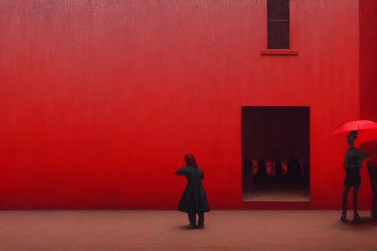 Prompt: only with red, crowd delirious at the sight of a painting, in a city square, in the style of beksinski, parts by edward hopper, parts by rodcenko, parts by yue minjun, intricate and epic composition, red by caravaggio, insanely quality, highly detailed, masterpiece, red light, artstation, 4 k