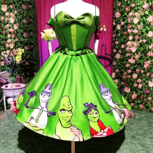 Image similar to A shrek-themed lolita dress; modern japanese fashion