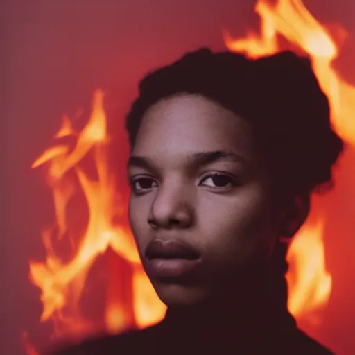 Image similar to realistic! photoshoot for a new chanel lookbook, color film photography, portrait of a beautiful woman, fire in the background, in style of tyler mitchell, 35mm