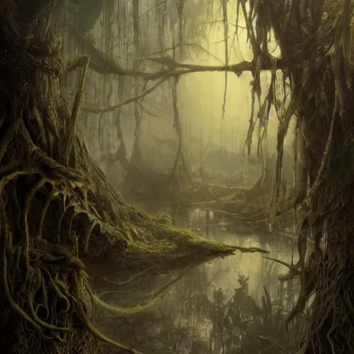 Image similar to swamp with nick nolte as a rotten stem at dusk, misty athmosphere, ultra realistic, concept art, intricate details, eerie, highly detailed, photorealistic, octane render, 8 k, unreal engine. art by ed binkley and ellen jewett and artgerm and greg rutkowski and alphonse mucha