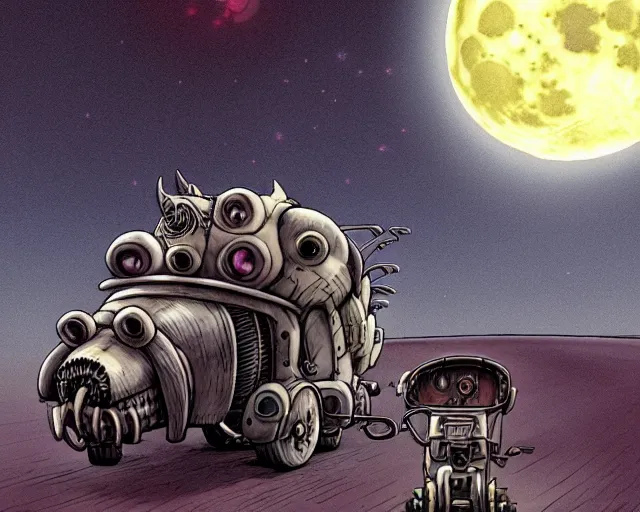 Image similar to a cell shaded cartoon grey lovecraftian mechanized wolf from howl's moving castle ( 2 0 0 4 ), with a big head, on a desert road, wide shot, in front of a big moon, muted colors, post grunge, josan gonzales, wlop, by james jean, victor ngai, hq, deviantart, art by artgem