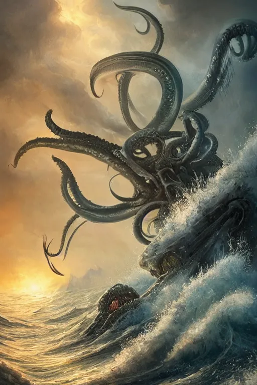 Image similar to A stunning photo of the Kraken attacking a ship at sea, hyperdetailed, mythology, Trending on artstation