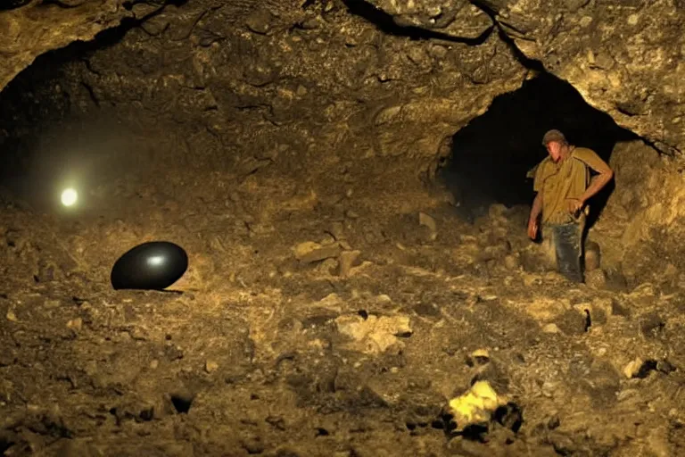 Image similar to miners in a dark cave discovers an alien egg, low quality shot, eerie, bizarre