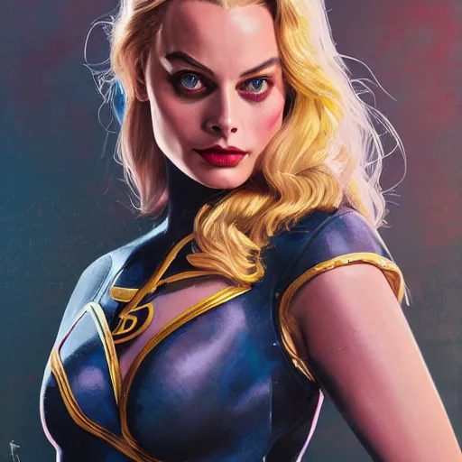 Image similar to margot Robbie as batgirl, uniquely beautiful, fantasy, intricate, elegant, highly detailed, lifelike, photorealistic, digital painting, artstation, concept art, smooth, sharp focus, illustration, art by John Collier and Albert Aublet and Krenz Cushart and Artem Demura and Alphonse Mucha,