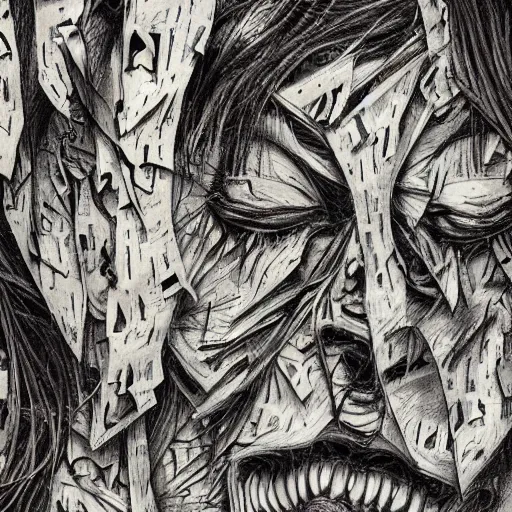 prompthunt: multiple faces shredded like paper news scared, dark horror,  surreal, drawing, painting