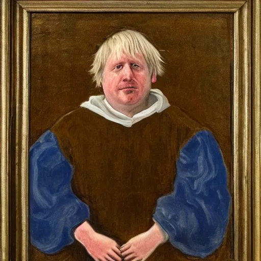 Prompt: boris johnson as a peasant from 1 2 th century england, exhibited in the british museum, oil on canvas, art, restored painting