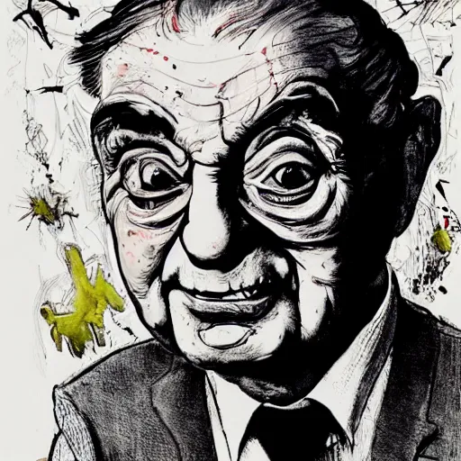 Image similar to George Soros by Ralph Steadman, illustration, body horror, biopunk