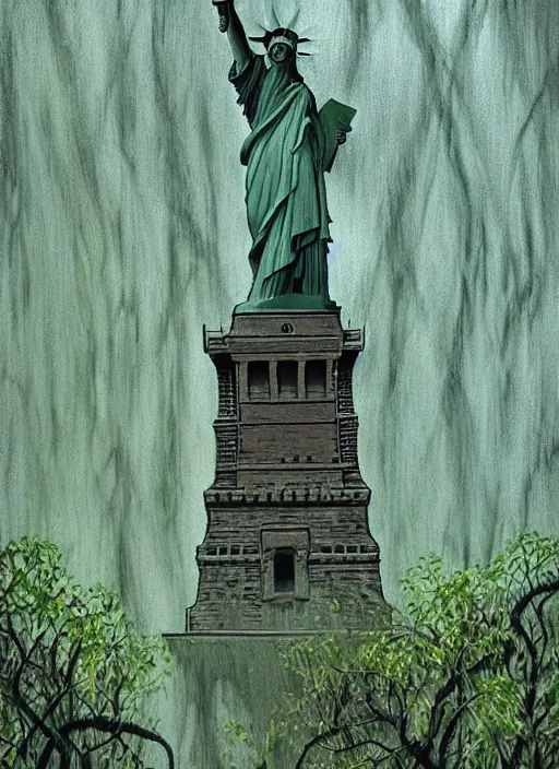 Prompt: hyper detailed painting of the statue of liberty; cracked, decaying, covered in moss and vines; thunderstorm; moody cinematic lighting, painted by Greg Rukowtski, trending on Artstation