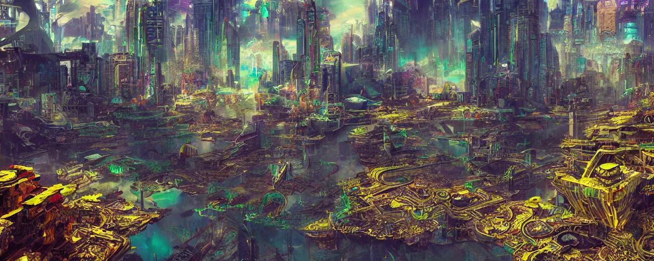 Image similar to dichroic ultra realistic illustration of beautiful ruination futuristic cyberpunk flooded kowloon, epic composition, accidental baroque golden ratio, by roger dean graffiti art, scifi, fantasy, hyper detailed. concept sketch. concept art. trending on artstation