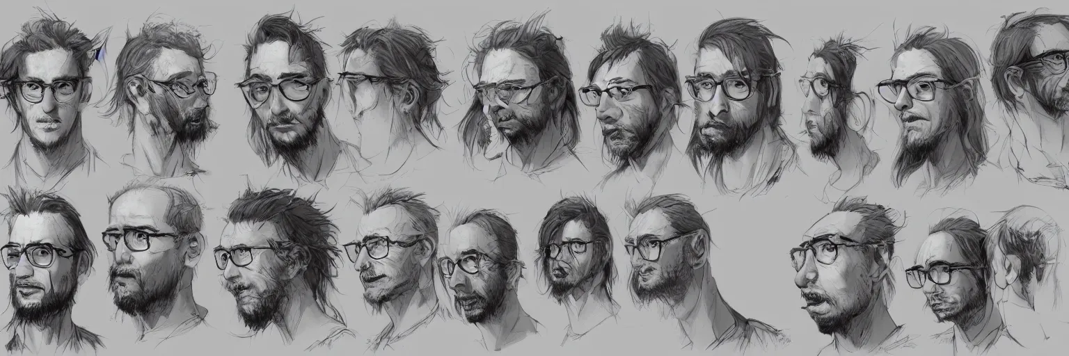 Prompt: character faces, realistic john zorn, clear john face, glasses, geek, character sheet, fine details, concept design, contrast, kim jung gi, greg rutkowski and da vinci, trending on artstation, 8 k, emotional, face turnaround, front view, back view, side view, ultra wide angle