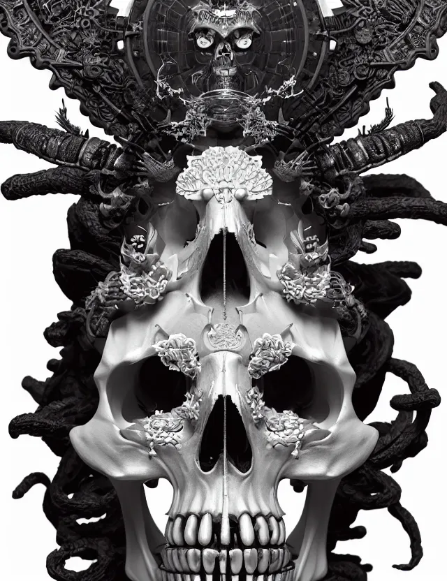 Image similar to 3 d goddess close - up profile skull biohazard portrait with crown, ram skull. beautiful intricately detailed japanese crow kitsune mask and clasical japanese kimono. betta fish, jellyfish phoenix, bio luminescent, plasma, ice, water, wind, creature, artwork by tooth wu and wlop and beeple and greg rutkowski