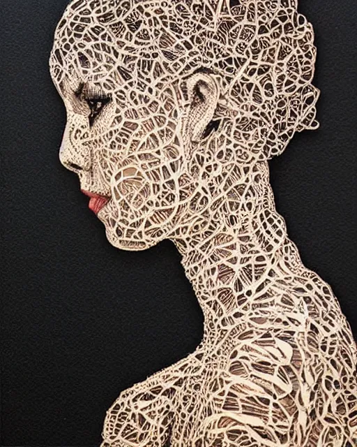 Image similar to a woman's face in profile, made of intricate decorative lace leaves, in the style of casey weldon