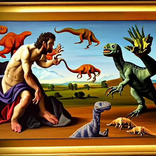 Image similar to the painting Creation of Adam with two dinosaurs instead of two people