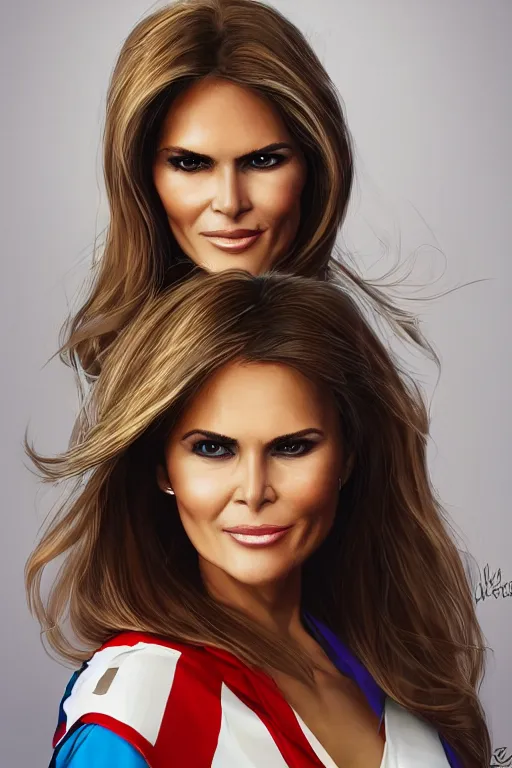 Image similar to portrait of a mix of young maria shriver, mariel hemmingway, melania trump and elle macpherson as superwoman, thin lips, hair tied up in a pony tail, colorful artstation, cgsociety