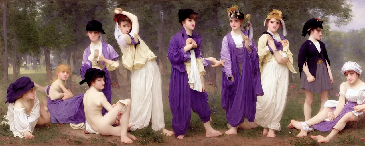 Prompt: A character sheet of full body cute magical girls with short blond hair wearing an oversized purple Beret, Baggy Purple overall shorts, Short Puffy pants made of silk, pointy jester shoes, a big billowy scarf, Golden Ribbon, and white leggings Covered in stars. Short Hair. Art by william-adolphe bouguereau and Paul Delaroche and Alexandre Cabanel and Lawrence Alma-Tadema and WLOP and Artgerm. Sunlit. 4K. UHD. Denoise.