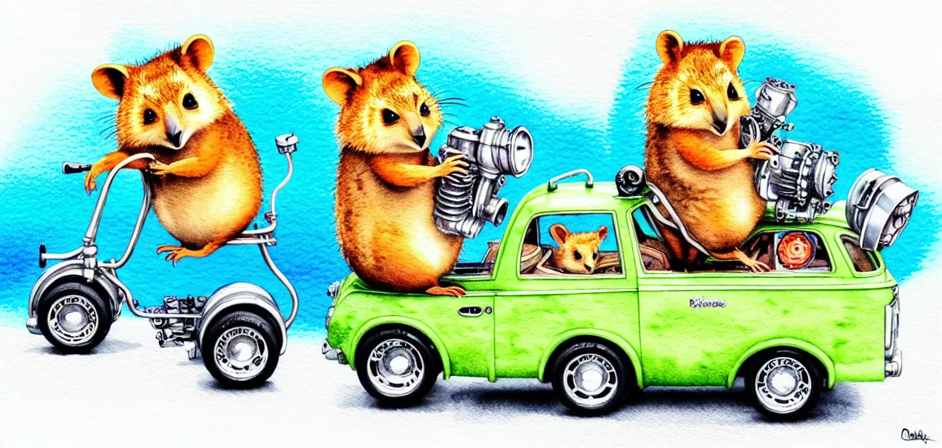 Image similar to cute and funny, quokka riding in a tiny hot rod with oversized engine, ratfink style by ed roth, centered award winning watercolor pen illustration, isometric illustration by chihiro iwasaki, edited by range murata, tiny details by artgerm and watercolor girl, symmetrically isometrically centered