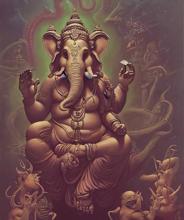 Image similar to ganesha in the style of peter mohrbacher, wayne barlowe, gustav moreau, bussiere, roberto ferri, santiago caruso, luis ricardo falero, austin osman spare,