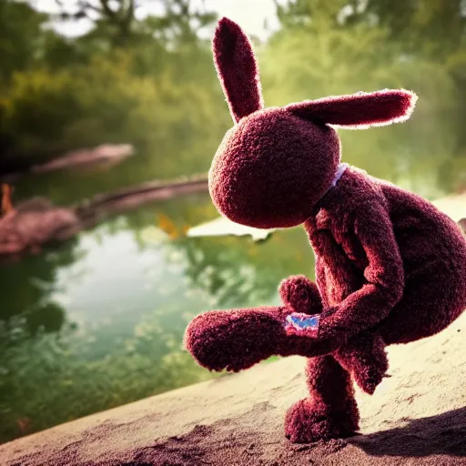 Image similar to a chocolate brown karate loving muppet bunny wearing cool ninja clothes and practicing her karate out in nature by a pond, photorealistic, photography, ambient occlusion, rtx, national geographic, sesame street