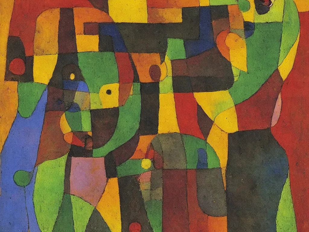 Image similar to portrait of a joyful hunter. painting by paul klee