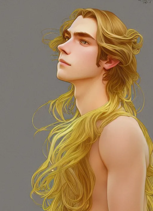 Image similar to pretty young man with shoulder length shiny shimmering golden blond hair, half body shot, path traced, highly detailed, high quality, digital painting, by studio ghibli and alphonse mucha, leesha hannigan, hidari, disney