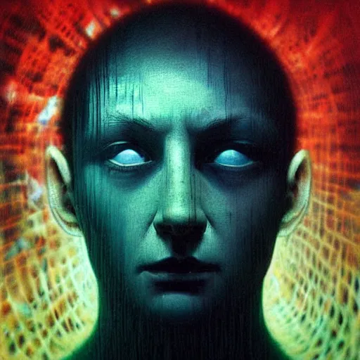 Prompt: expressive portrait of the digitally glitched soul, data, dramatic lighting, god rays, edges, universal background, facial expression, atmospheric lighting, motion design, by Beksinski, maze, sharp focus