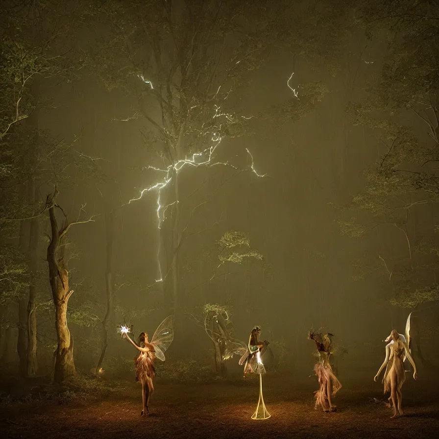 Image similar to photography award of a night carnival fairies, creatures and fantastic people disguised as fantastic creatures in the forest by summer night, masterpiece photography by gregory crewdson, volumetric lightning