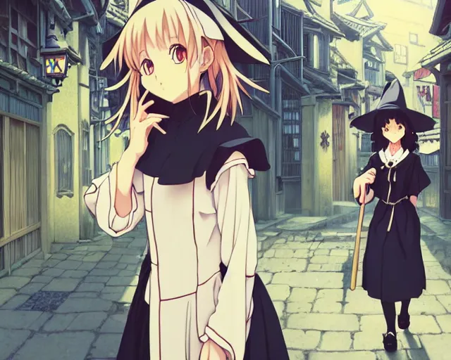 Image similar to kyoto animation, moody, key anime visual portrait of a young female witch walking through a busy medieval village, dynamic pose, dynamic perspective, cinematic, dramatic lighting, muted colors, detailed silhouette, textured, anime proportions, alphonse mucha, perfect anime face, ilya kuvshinov, yoh yoshinari, takashi murakami