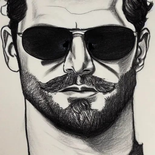 Prompt: portrait of henry cavill with sunglasses and a beard, smoking a cigar, pencil drawing