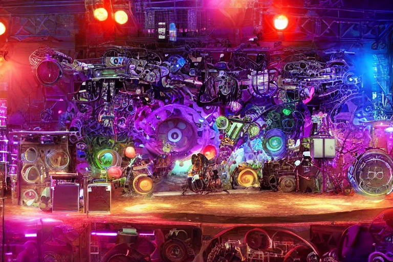 Prompt: close up of an outdoor festival stage with audience, on stage is a rockband with 3 steampunk robots with guitars and drums, center of the stage is a big futuristic steampunk generator with gears and belts and tubes, laser show, 8 k, fluorescent colors, halluzinogenic, multicolored, exaggerated detailed, unreal engine, 8 0 mm lens