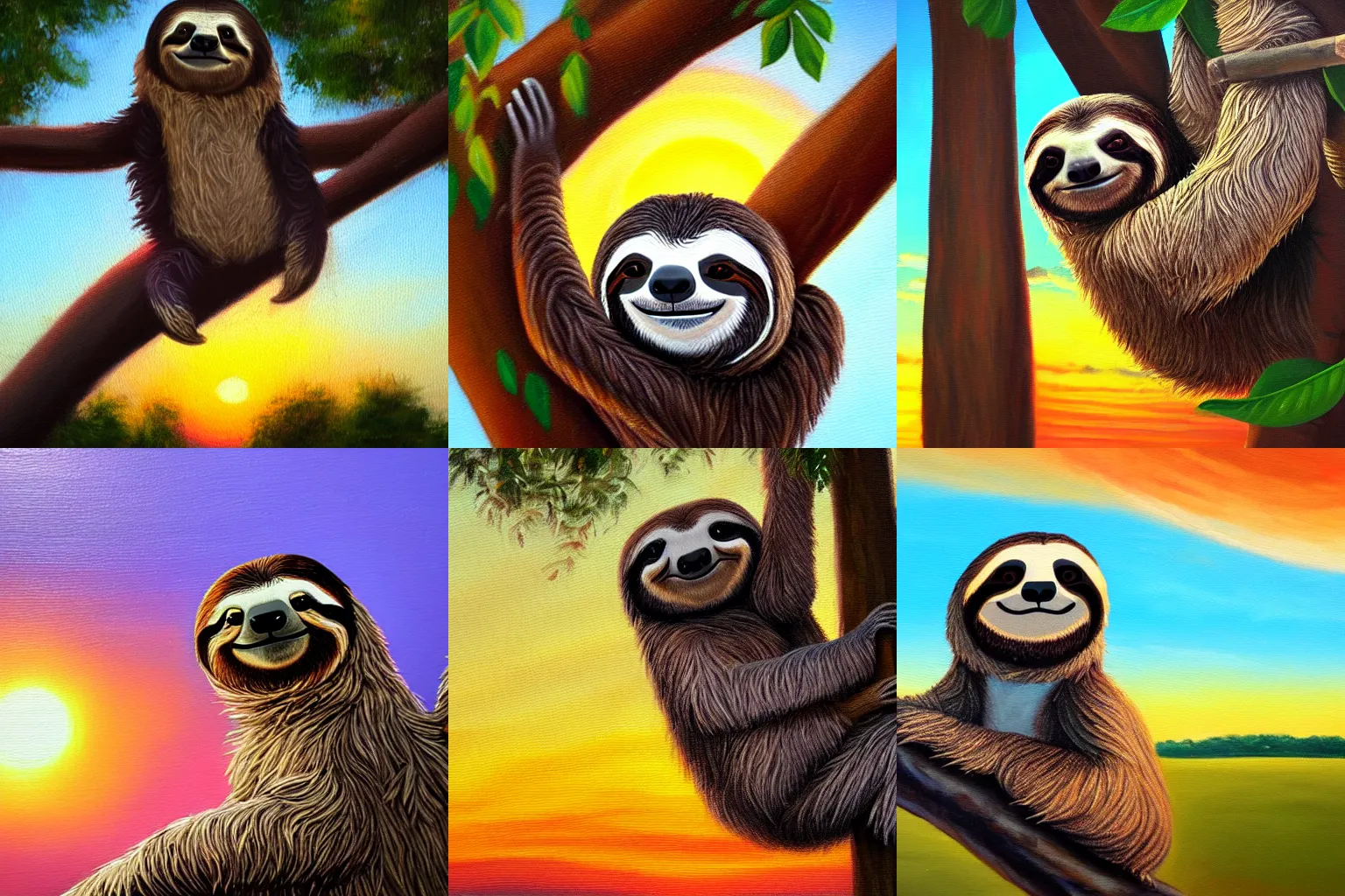 Prompt: happy sloth on a tree, close up oil painting with a sunset in the background. artstation