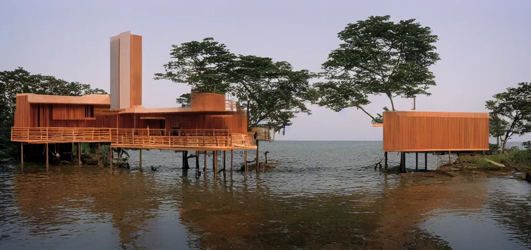 Image similar to stilt house designed by im pei. fujinon premista 1 9 - 4 5 mm t 2. 9. portra 8 0 0.