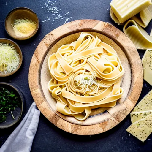 Image similar to a creamy fettuccine pasta in a parmesan cheese wheel, food photography