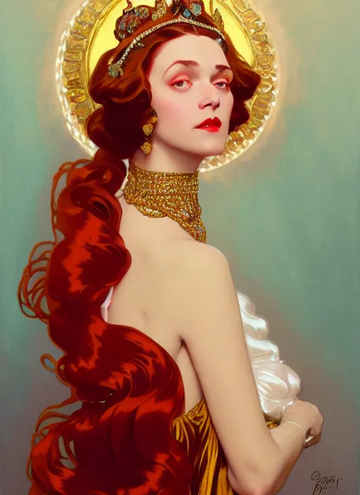 Image similar to leyendecker, ombre velvet gown, lovely queen, portrait, long red hair, small crown, dozens of jeweled necklaces, feral languid woman, by greg rutkowski, anato finnstark, alphonse mucha, global illumination, radiant light