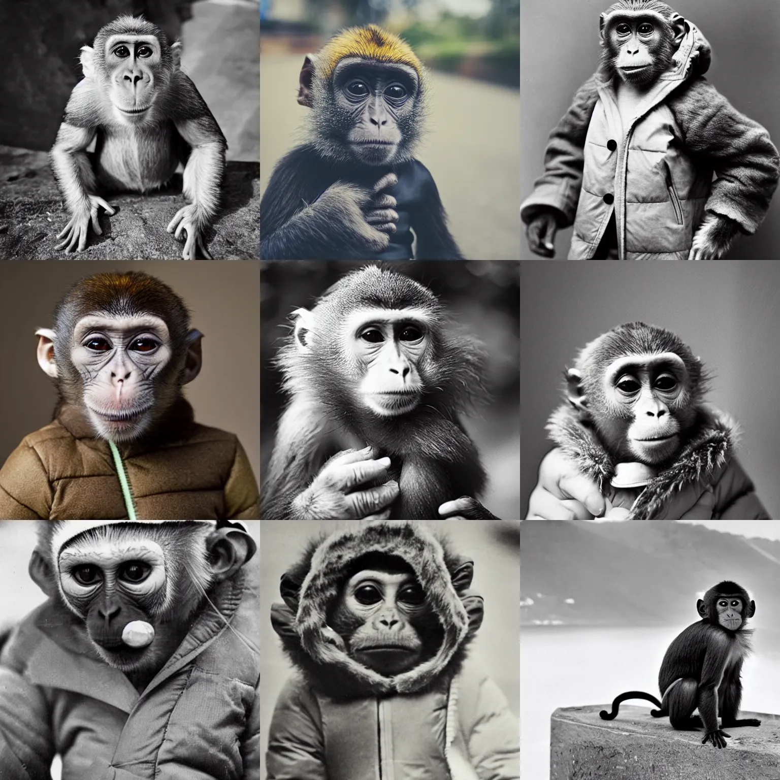 Image similar to an old photo of a monkey wearing a puffer jacket